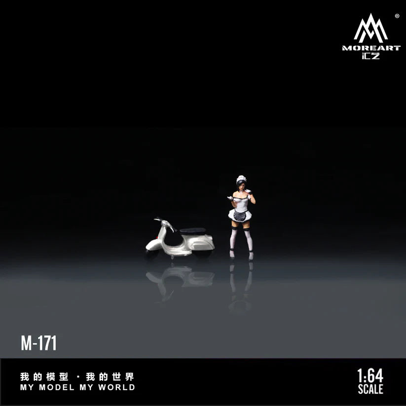 Huiyi MoreArt 1:64 White Scooter Motorcycle Female Servant Figure, Resin Model